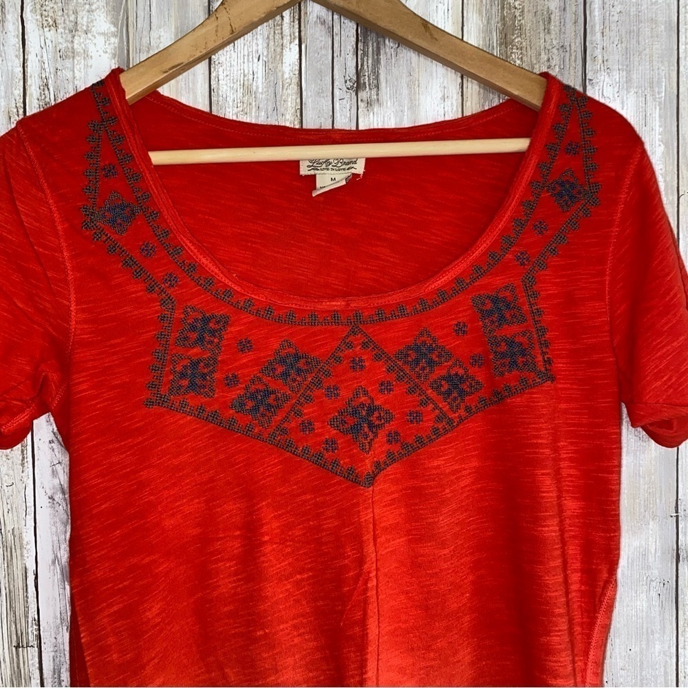 Lucky Brand Red Ombré Embroidered Neck Blouse - Picture 4 of 5